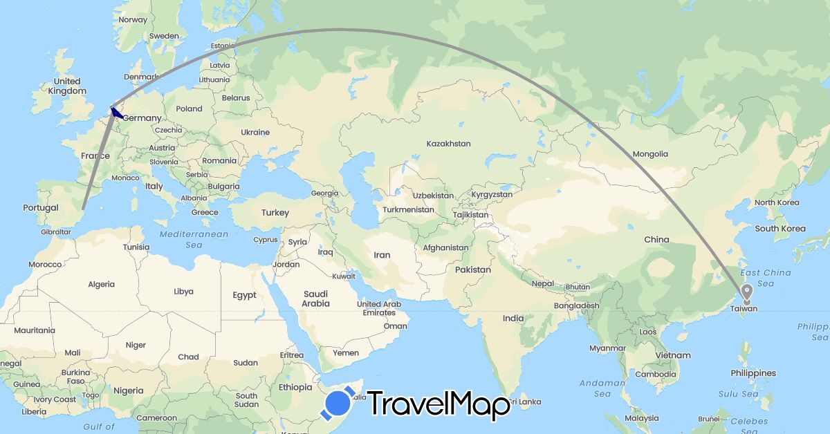 TravelMap itinerary: driving, plane in Germany, Spain, Netherlands, Taiwan (Asia, Europe)